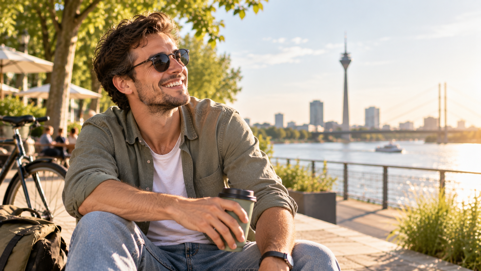 Junger Mann entspannt draußen am Rhein