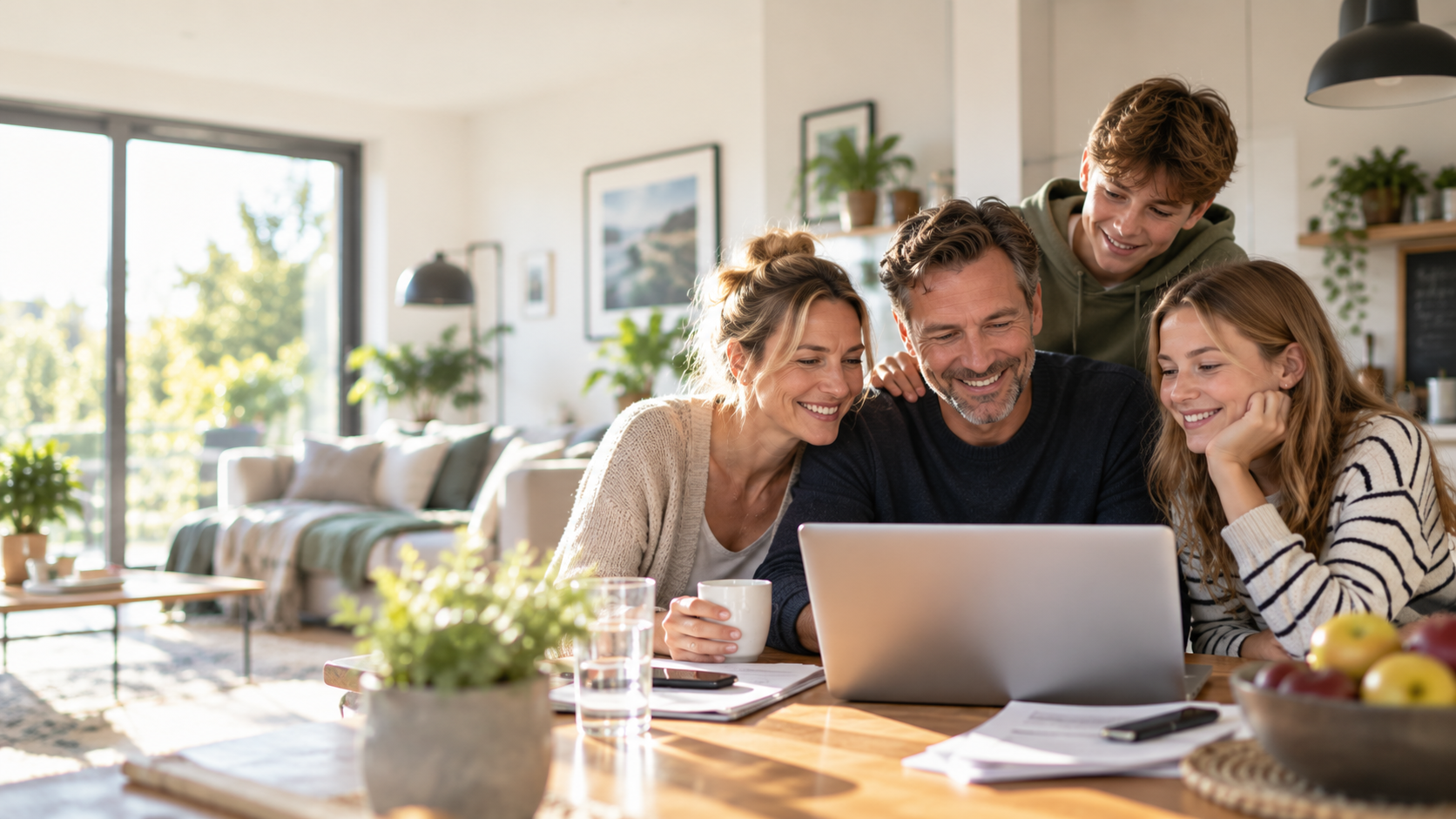 Familie vergleicht zu Hause gemeinsam einen Sofortkredit am Laptop