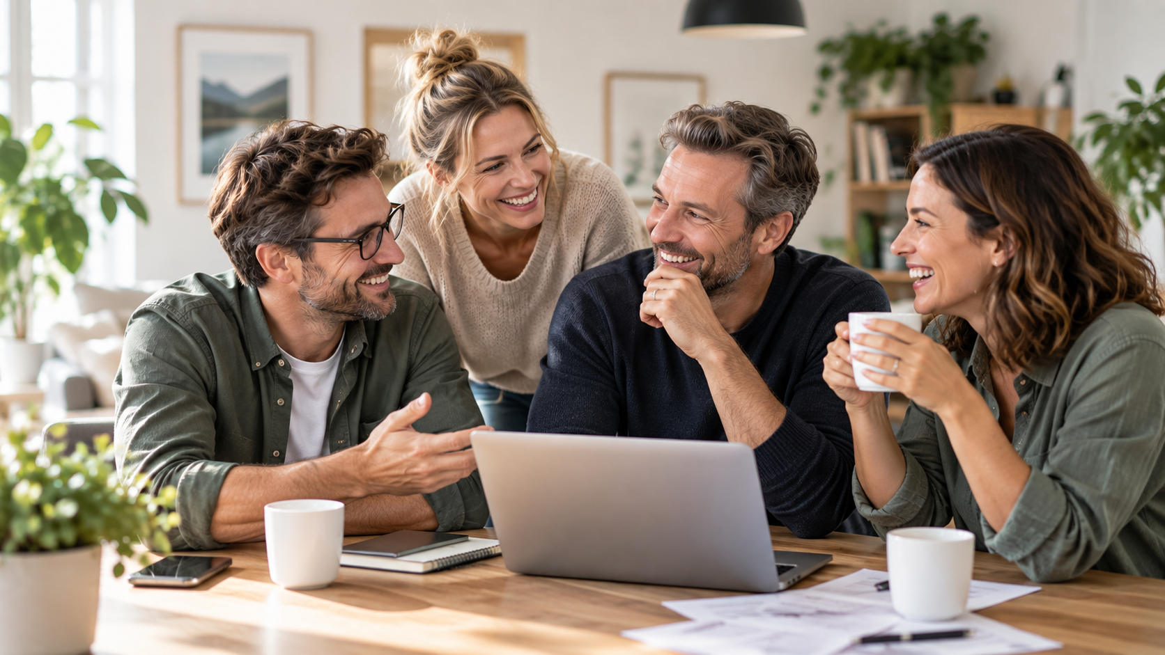 Vier Menschen besprechen gemeinsam ihre Finanzen am Laptop