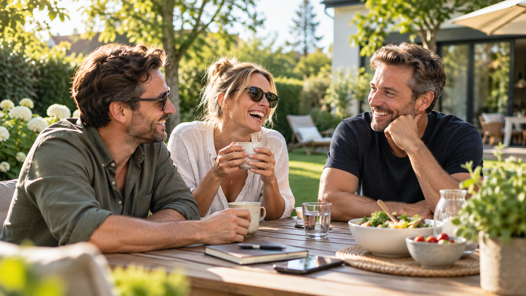 Drei Menschen sitzen gut gelaunt gemeinsam im Garten
