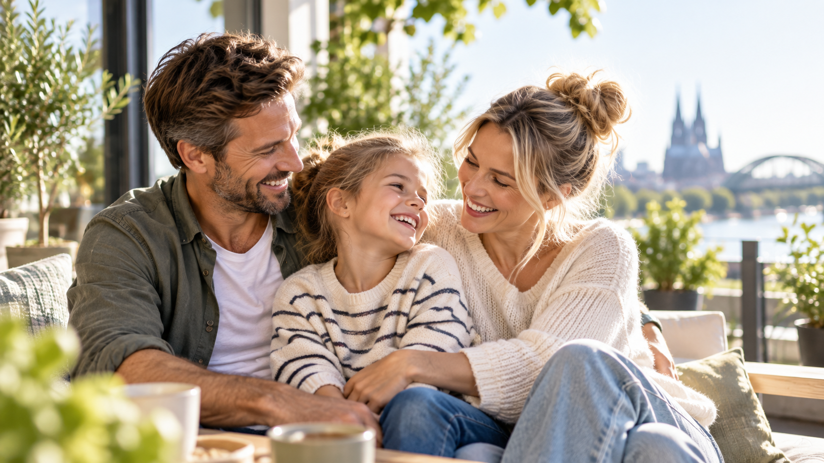 Familie verbringt gemeinsam eine entspannte Zeit auf einer Terrasse
