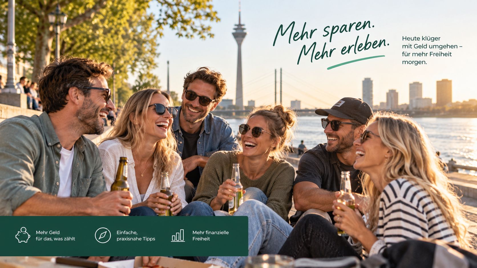 Sechs Freunde verbringen gemeinsam eine entspannte Zeit draußen am Rhein